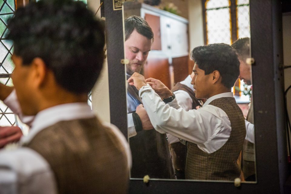 An interior scene captured through a mirror.