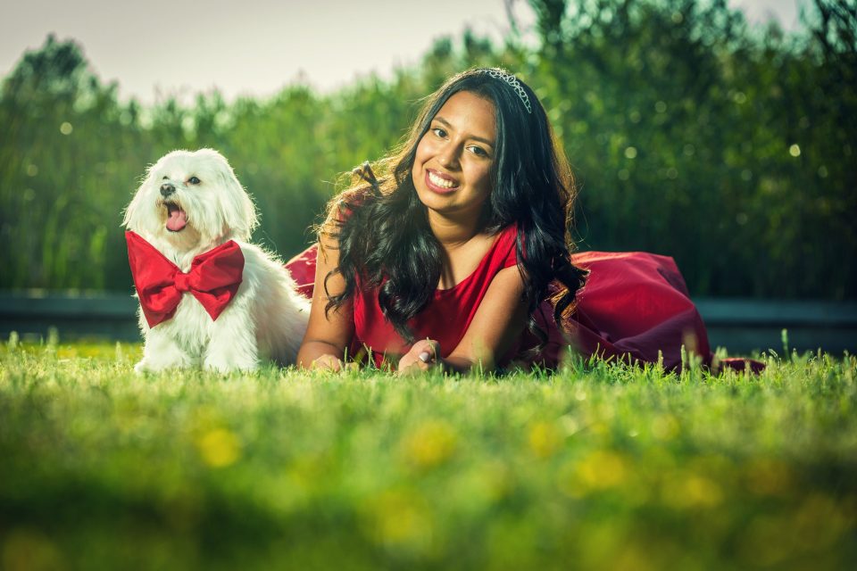 Niña con vestido rojo y una pequeña tiara, tumbada sobre la hierba junto a un perro blanco que lleva un gran lazo rojo.