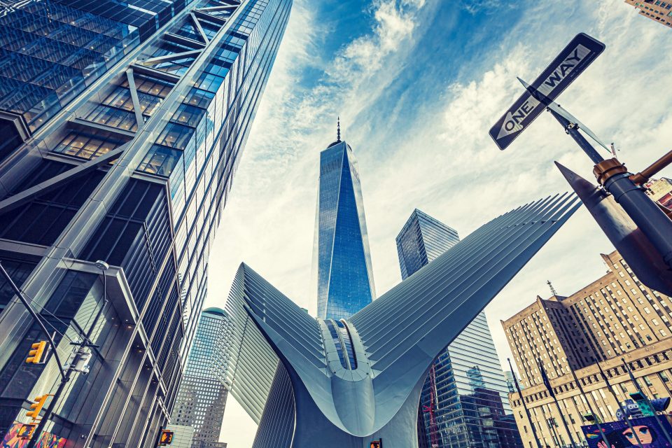 Cityscape photographed from a low angle.