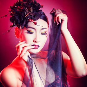 Editorial beauty portrait in a studio, created using creative flash lighting.