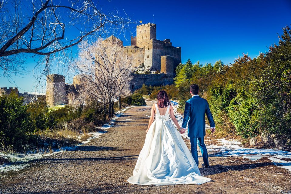 A bride and groom walk hand in hand along a path with remnants of snow, with their backs to the camera.