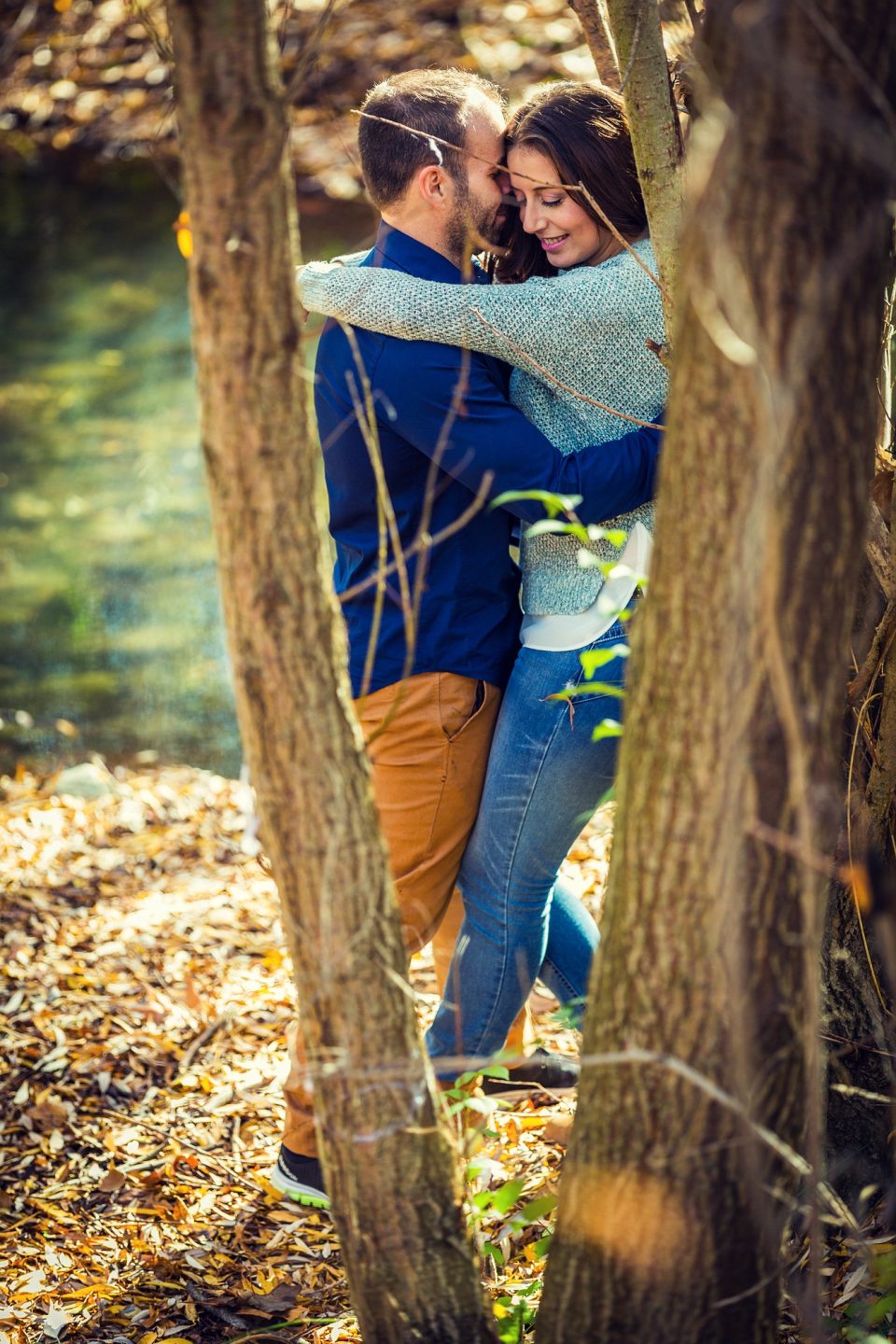 A couple embrace among several trees in a sunlit woodland setting.