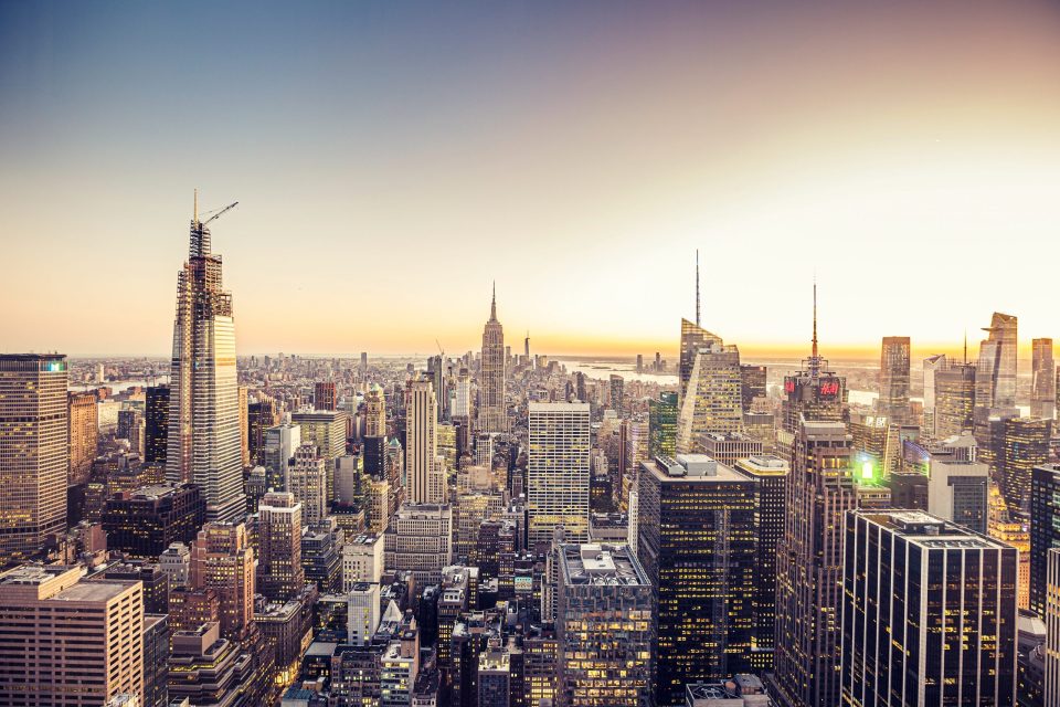A panoramic view of a dense city packed with skyscrapers.